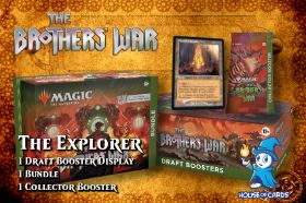 You will get a Draft Booster Display, a Bundle and a Collector Booster from Brother's War, together with a Buy a Box promo (so long as supplies last). This is a preorder. The products will be available the 11.11.2022 for pick-up, or in your mailbox starting 18.11.2022.