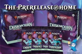 Each Prerelease Pack contains: 6 Duskmourn: House of Horror Play Boosters 1 foil, year-stamped Rare or Mythic Rare 1 Magic: The Gathering Arena code card 1 deck box 1 Spindown die